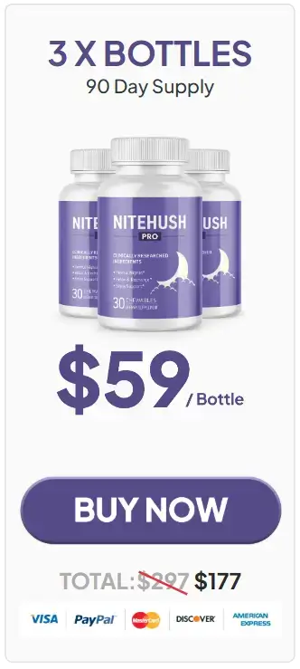 NiteHush Pro 3 bottles most popular package at $59 per bottle for 90-day supply